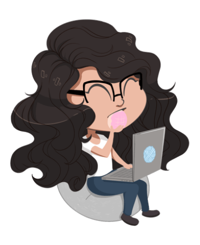 a cartoon version of me sitting on a bean bag, holding a laptop, and eating a sweet bread